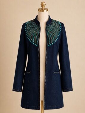 NWT Midnight Velvet Turquoise Beaded Western Duster Jacket Small